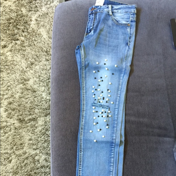 beaded trim washed skinny denim jean - Picture 6 of 8